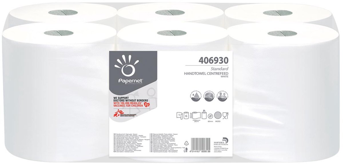 Papernet papieren handdoeken Standard | centerfeed | 1-laags | 292 meter | pak van 6 stuks