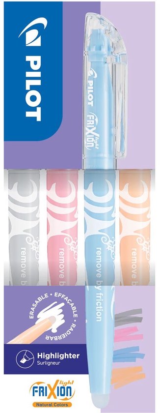 Set van 4 Pilot FriXion Light highlighters in grijs, koraal, hemelsblauw en licht oranje. Uitwisbaar.