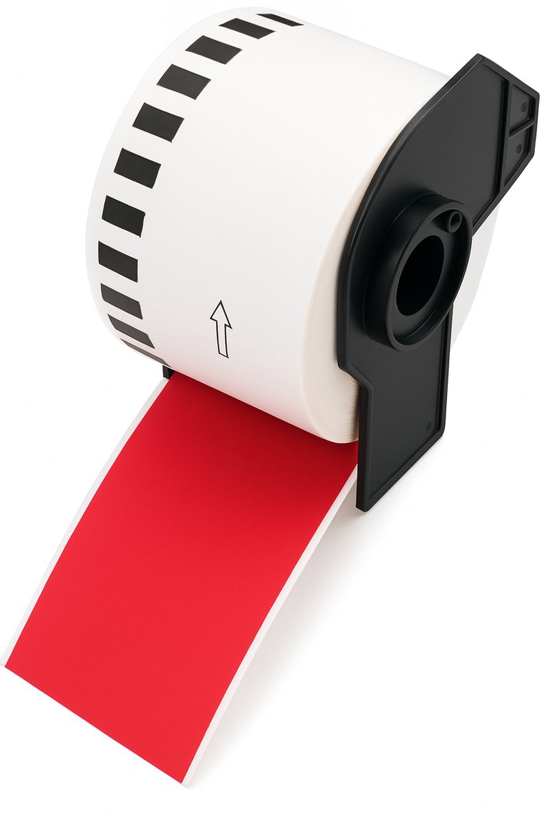 Boxstuff - Brother DK-22205 compatibele labelrollen - 62 mm x 30,48 meter - Inclusief rolhouder - Zwart op Rood - 1 stuks