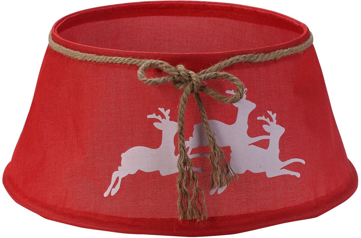 Famiflora kerstboomrok Hoes Rood met Rendieren - Diameter 56 x 25 cm (boven diameter 38,5 cm) - Feestelijke Afdekkap - Sierlijke Kerstafwerking voor Boomvoet - Open onderkant voor eenvoudig plaatsen