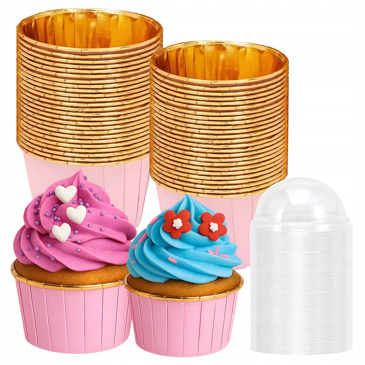 Muffin Vormpjes - 50 stuks - Roze-Goud design - Aluminium voering - Met transparante deksels