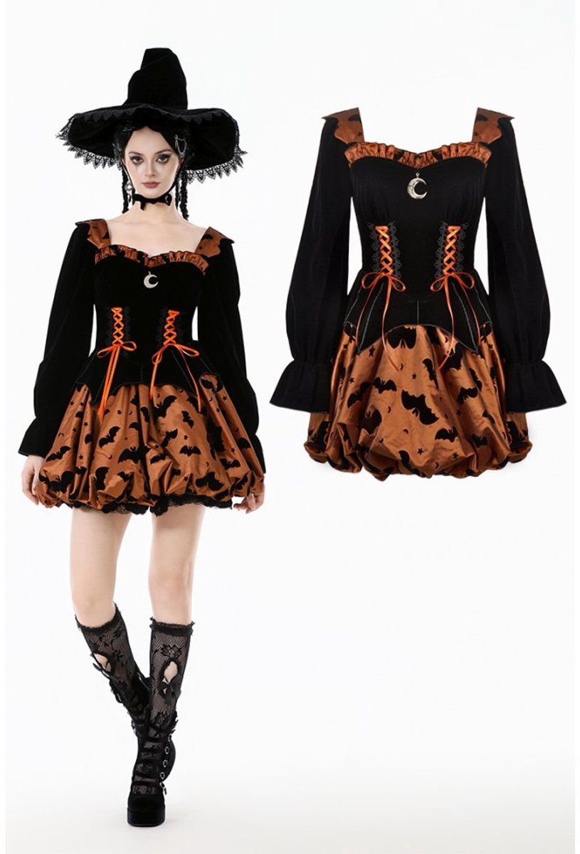 Dark in Love - Midnight Bat & Pumpkin Halloween Korte jurk - S - Zwart/Oranje