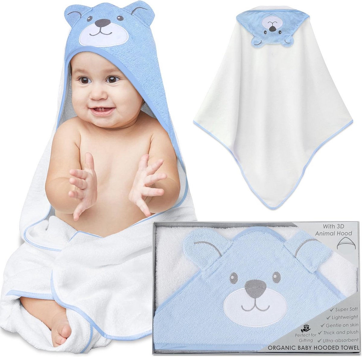 Hooded Baby Bath Towel 84cm x 84cm - 100% Cotton, Machine Washable, Soft & Cozy