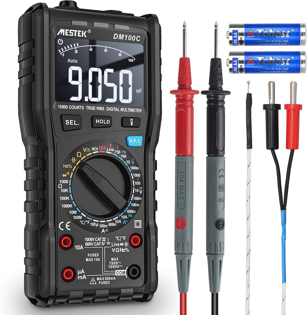 Digitale Multimeter met AC/DC Spanningstester, Stroom- en Ohmmeter – Multifunctionele T-RMS, Temperatuur-, Capaciteit- en Frequentietester met Continuïteitstest