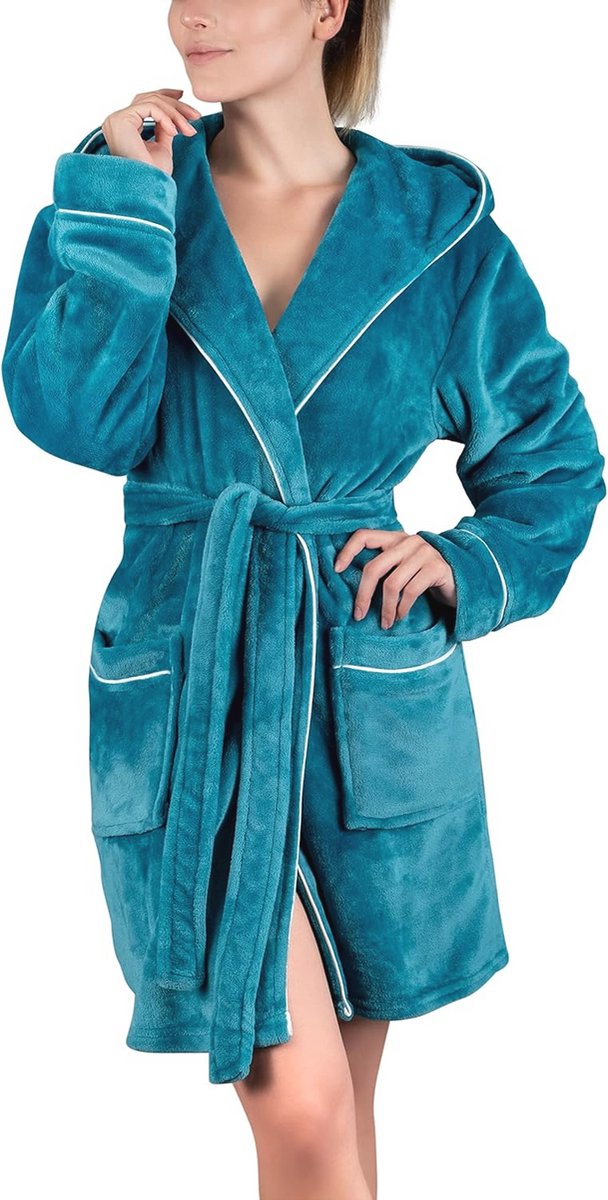 Dames Badjas Fluffy met Kap - Cuddly Fleece - Oeko-Tex Standaard 100 - Korte Dressing Gown - Maten S - XXXL