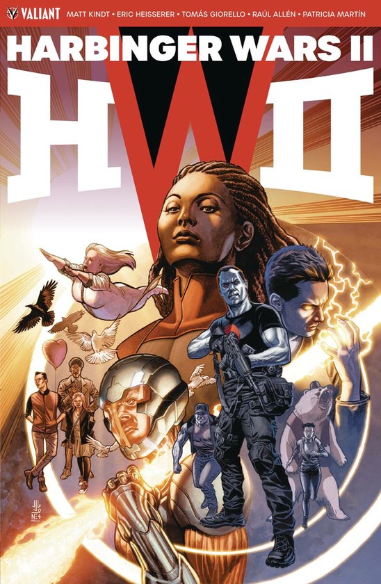 De cover van Harbinger Wars II toont een groep superhelden. Centraal staat een donkere vrouw met bruine vlechten, omringd door andere personages en dieren.