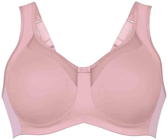 Roze beugelvrije bh met verstelbare bandjes en lichtsroze zijpanden.