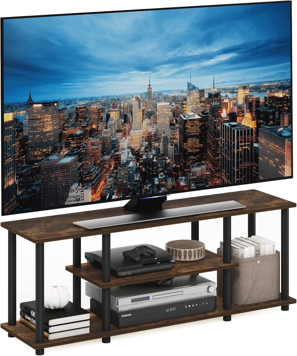 3-Tier TV Stand zonder Gereedschap in Amber Pine/Zwart - Ruimtebesparend Design