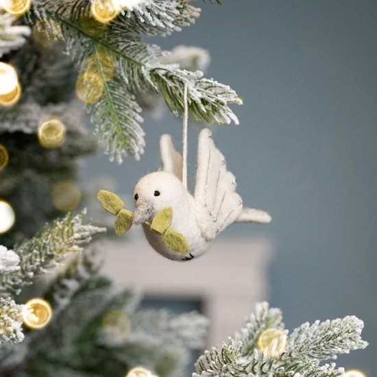 Wolvilt Vogel - Vredesduif met Olijftakje - Creme&Groen&Zilver - Fairtrade Homedeco - 7x12x4cm — afbeelding 2