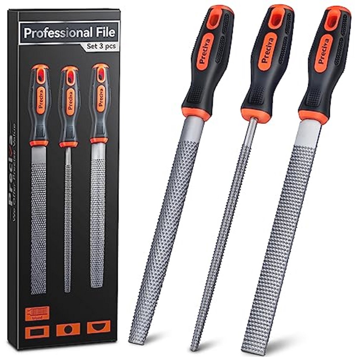 3-in-1 Houten Vijlgereedschapsset - Plat, Halfrond en Rond van Koolstofstaal