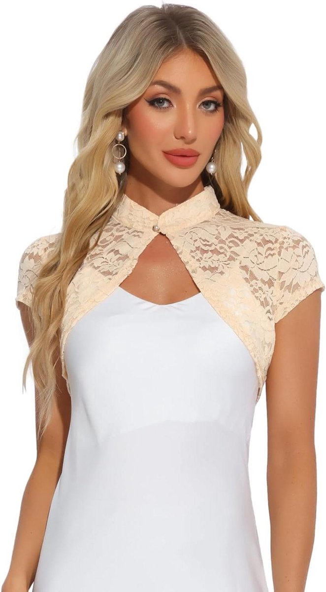 E-Ambar - Dames bolero met kanten bloemen, opstaande kraag, korte mouwen - elegante shrug in abrikoos - maat S