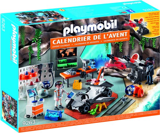 Playmobil Adventskalender Top Agents 9263: een grotscène met rakketten, voertuigen en figuren, inclusief kalender.