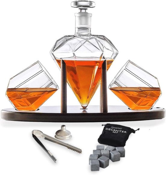 MikaMax - Diamond Decanter Deluxe - Whisky karaf set - 850 ml - Inclusief karaf standaard - Inclusief 2 diamantvormige whiskyglazen - Luxe Whiskey karaf - Diamond Design