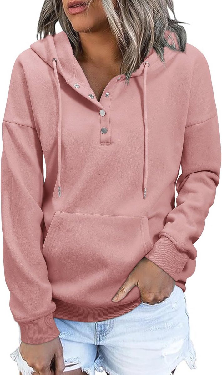 Dames Capuchontrui Hoodie - Warm Sweatshirt met V-hals en Knoopsluiting voor Herfst en Winter