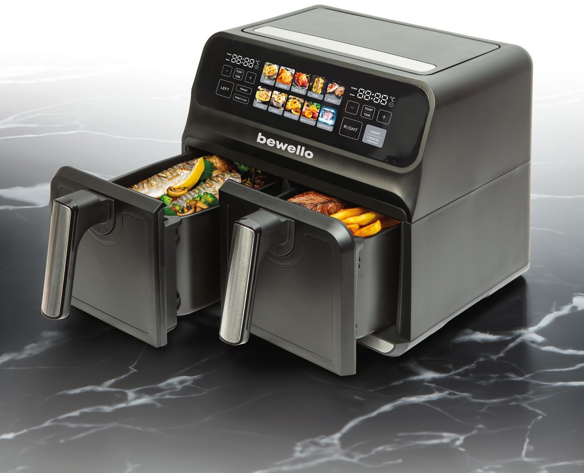 Airfryer XXL – Dubbele Lade – 4 + 4 Liter – 2200 Watt – Olievrij Frituren – Touchscreen Display – Timerfunctie – Non Stick Bakmanden – Zwart – 230V – 1 Stuk [BW1002D]