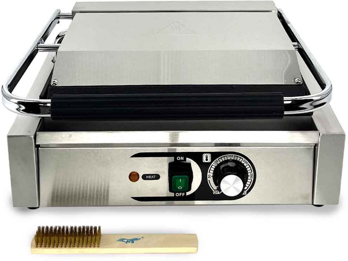 HCB® - Professionele Horeca Paninigrill - geribbeld/glad - 230V - RVS / INOX panini grill apparaat - 36.5x43x21 cm (DxBxH) - 20 kg - 1297