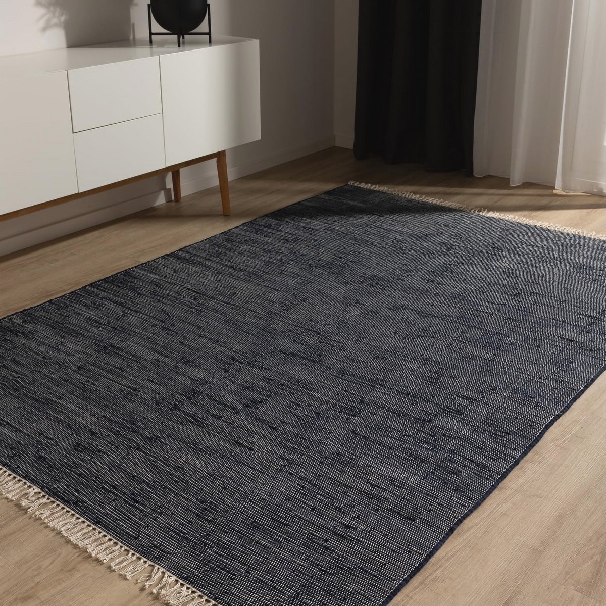 Donkerblauw Handgeweven Vloerkleed 120x170 cm - 100% Gerecycled Katoen - Geschikt voor Vlo