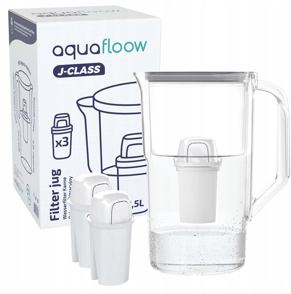 AquaFloow, Waterfilterkan AquaFloow J-CLASS 2,5L - kunststof - vermindert chloor, kalkaanslag en onzuiverheden - set met 3x waterfilters AquaFloow Class - grijs