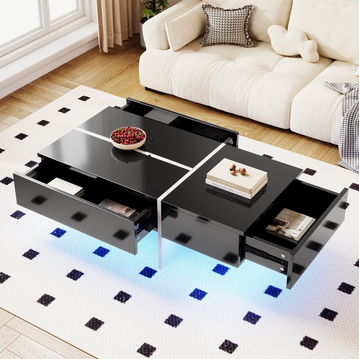 Hoogglans Salontafel - Zwart-Witte Kleurblokstructuur - Woonkamermeubel - 100x50x34,5 cm - LED Verlichting - MDF - Zwart/Wit