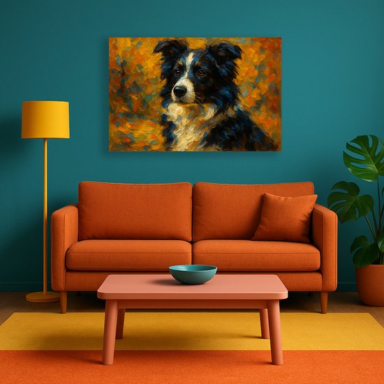 Een schilderij van een Border Collie met zwarte, witte en bruine vacht, tegen een oranje, gele en blauwe achtergrond, boven een oranje bank.
