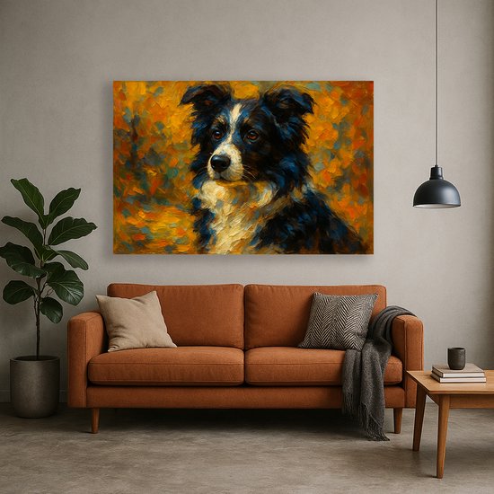 Canvas schilderij van een bordercollie met een warme, abstracte achtergrond, boven een bruin-oranje bank.