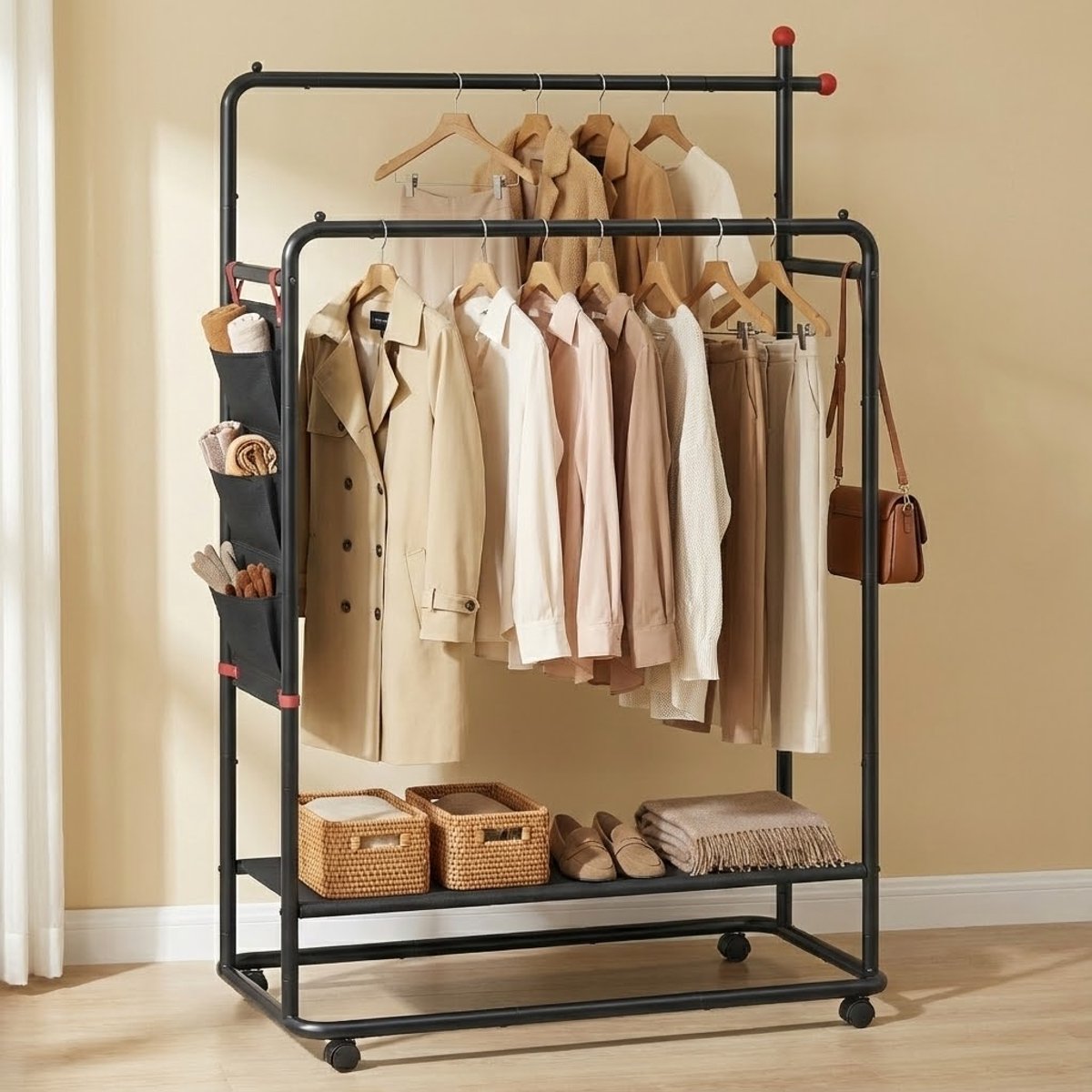 MAZAZU Dubbel Kledingrek op Wielen - Zwart Metaal - Garderoberek met Schoenenrek & Hangorganizer (3 Vakken) - 189 cm Hoog - Belastbaar tot 76 kg - Kapstok – foto 3