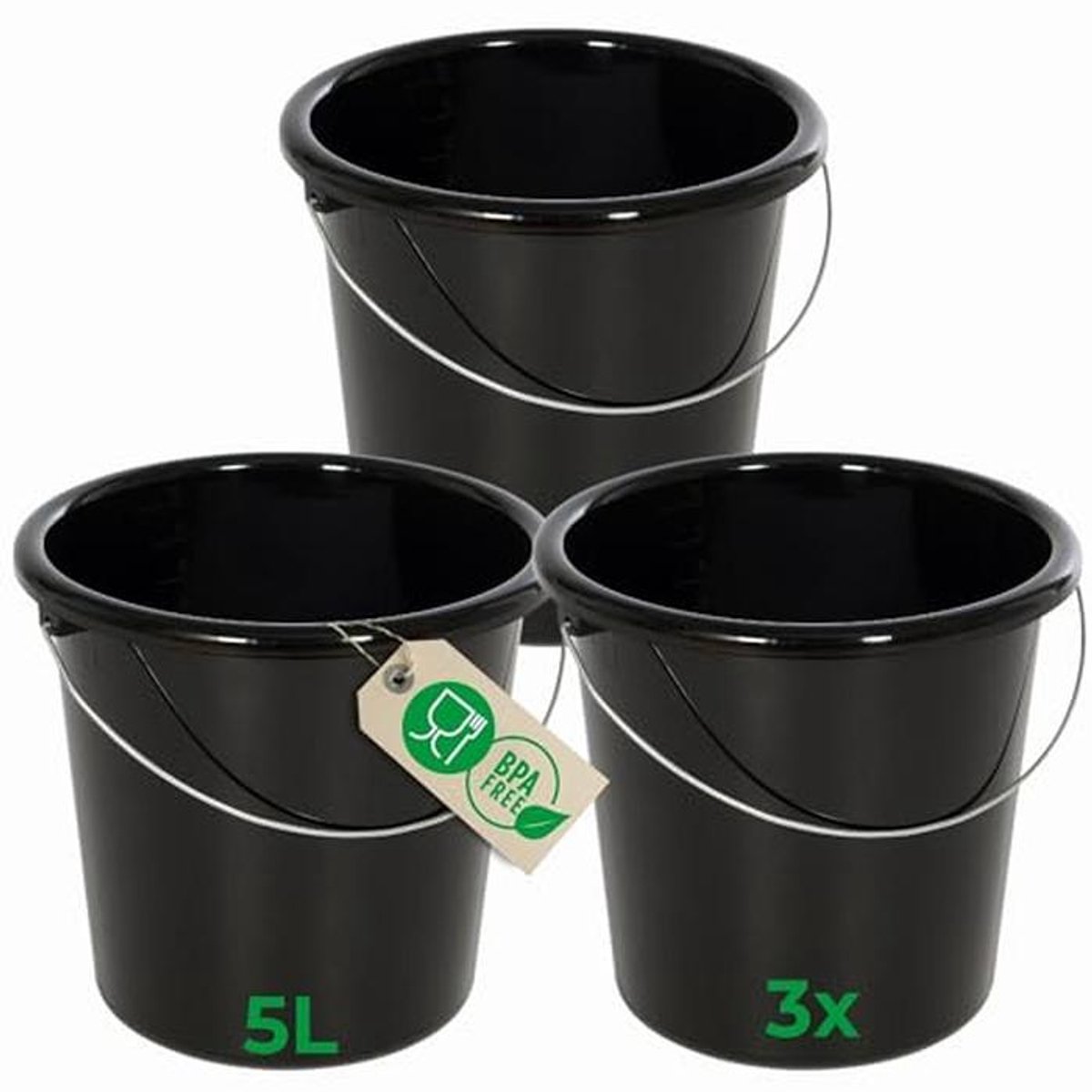 3 x 5L Zwarte Emmers - Veelzijdige Emmer met Inhoudsverdeling voor Huishoudelijk en Tuin Gebruik