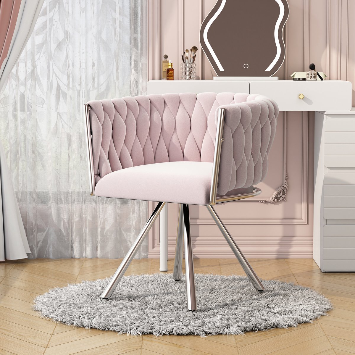 HAUSS SPOLE Eetkamerstoel – Fluwelen Make-Upstoel – Draaibaar 360° – 1 Stuk – Ergonomisch Met Stalen 4‑Pootframe – Voor Slaapkamer en Kaptafel – Roze Fluweel