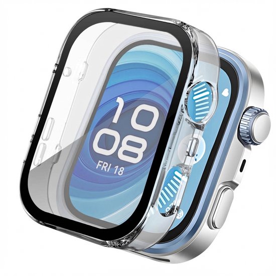 Transparante, harde smartwatch case met een ingebouwde screenprotector, past op een zilverkleurig horloge.