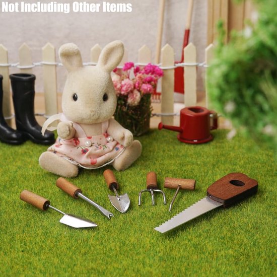 Miniatuur tuinbouw gereedschappen 1/12 - 6 stuks inclusief kettingzaag, onkruidtrekker, schoffels en harken - Metaal en hout voor diorama en poppenhuis — afbeelding 4