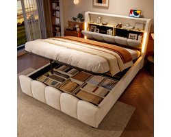 STILVORA Gestoffeerd bed 140×200 cm – Met Hydraulische Opbergruimte & Opberghoofd – LED-zijlampen, USB & Type-C – Fluweel – Beige – Zonder matras