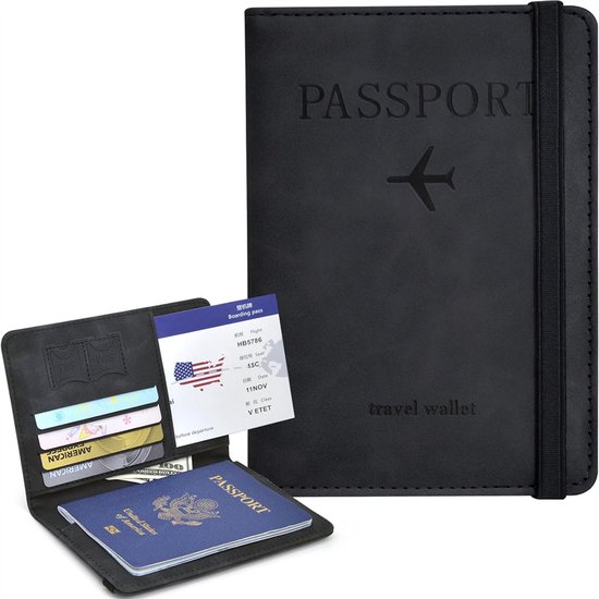 Étui à passeport avec blocage RFID, Étui de voyage en cuir PU, Étui à passeport avec fentes pour cartes et bande élastique, Protection antivol, Accessoires de voyage pour hommes et femmes, Zwart