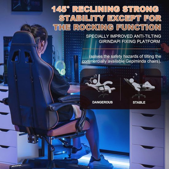 Ergonomische Gamingstoel met Voetensteun en Verstelbare Hoofdsupport - Maximaal 150 kg, Bruin van Merkloos — afbeelding 5