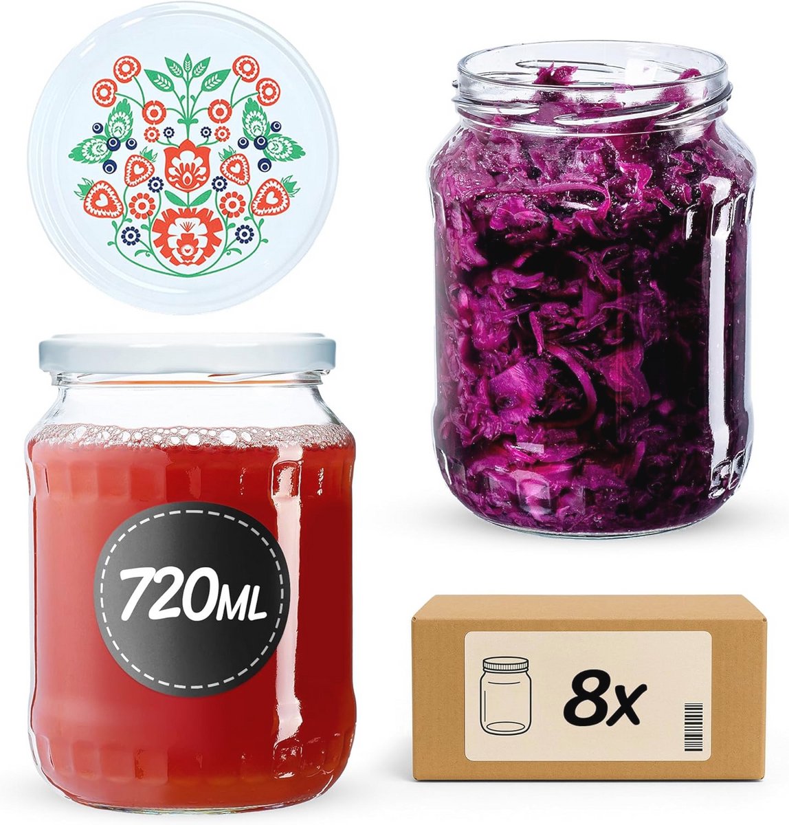 Inmaakpotten 720 ml - Set van 8 Conservenpotten met Schroefdeksel - Voedselopslag Potten