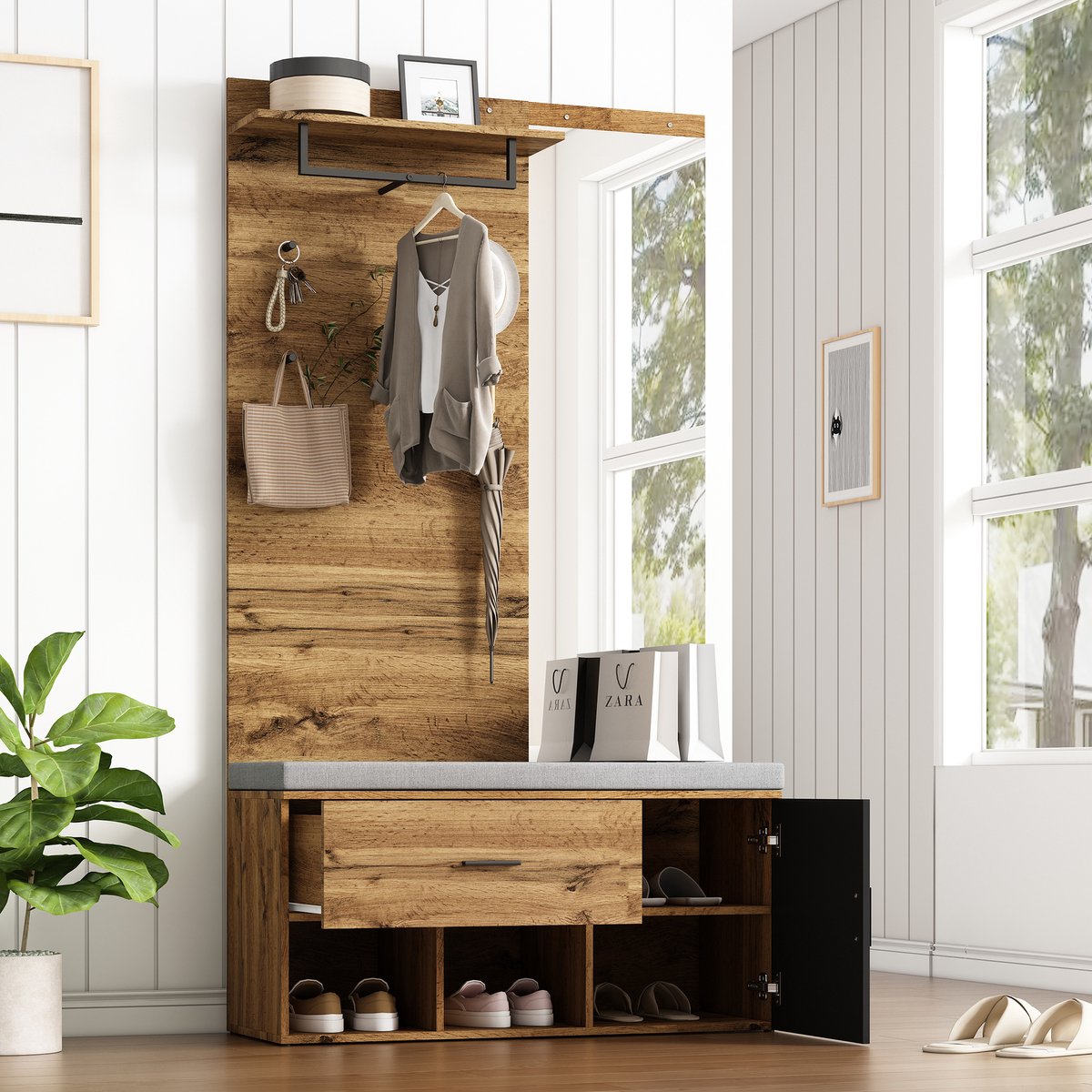 STILVORA Garderobeset - 104x39x190 cm Garderobe Met Spiegel En Gepolsterde Schoenbank 100KG - Met Hydraulische Scharnieren - Spaanplaat - Eikenkleur