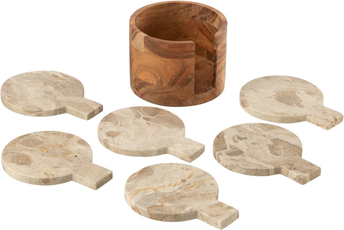 J Line Onderzetter Rond Marmer Steen Beige Goud Doos Van 4