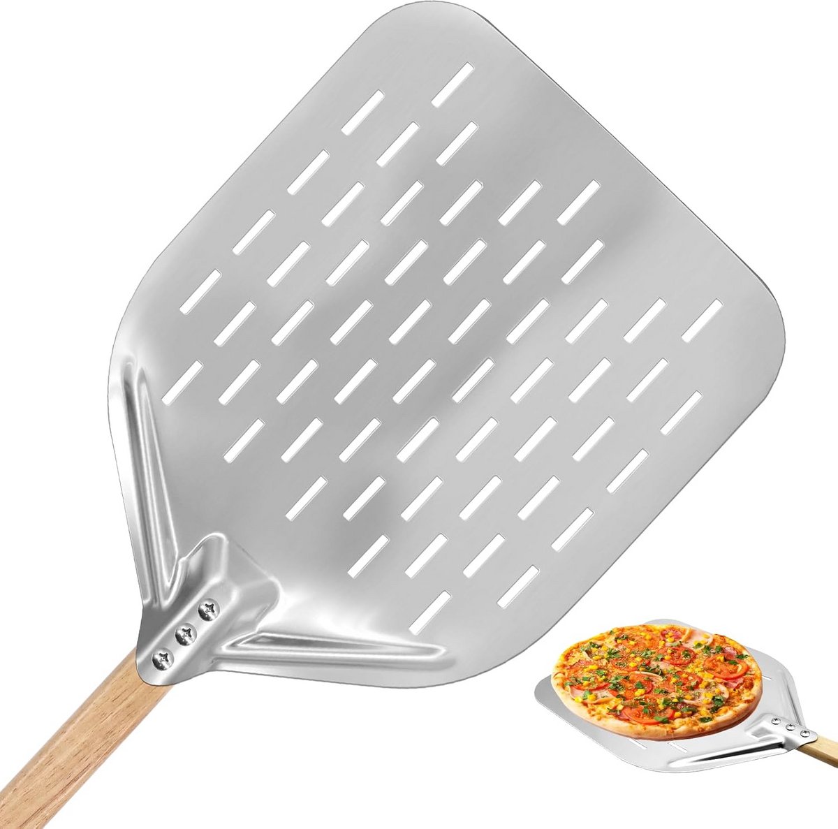 Grote Geperforeerde Pizzaschep 40 × 30 cm met Afneembaar Houten Handvat