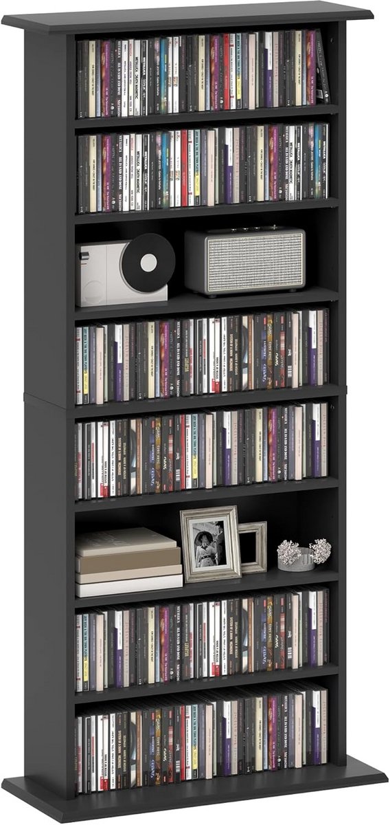 CD- en DVD-opslagunit met 8 compartimenten en 6 verstelbare planken – 360 CD's, 185 DVD's of Blu-rays – Zwart