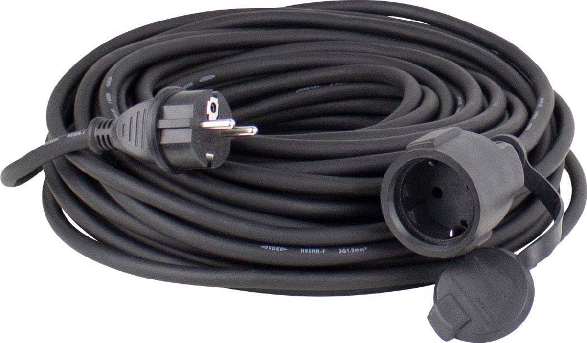 Gummi-Verlängerungsleitung 230 V / 16 A – 50 m Kabel mit Schutzkontaktstecker – Verlängerungskabel Indoor & Outdoor – IP44 – Schwarz