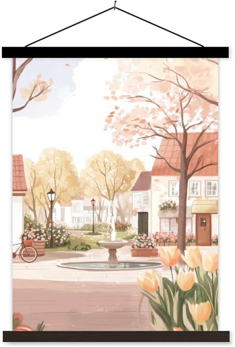 Posterhanger incl. Poster 120x160 cm - Schoolplaat - Dorpsplein - Fontein - Tulpen - Texti