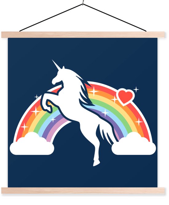 illustration d'une licorne blanche devant un arc en ciel sur fond bleu affiche scolaire lattes plates vierges 90x90 cm - Tirage photo sur poster textielposter (décoration murale salon / chambre)