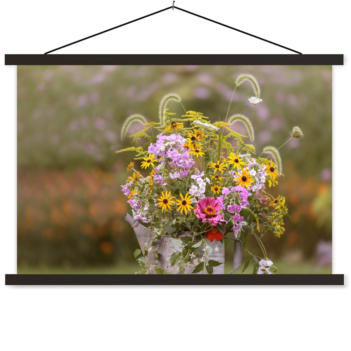 Posterhanger incl. Poster 90x60 cm - Schoolplaat - Bloemen - Gieter - Kleur - Textielposte