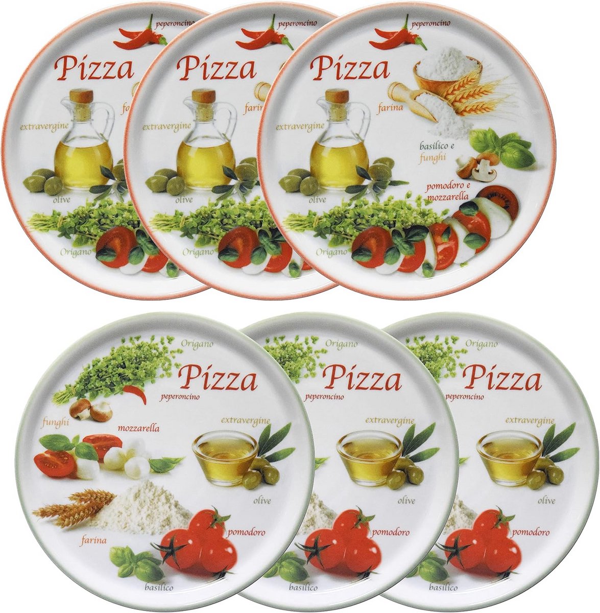 Set van 6 pizzaplaatjes Ø 33,8 cm - groot - 6 personen - pizza borden met 2 decoraties