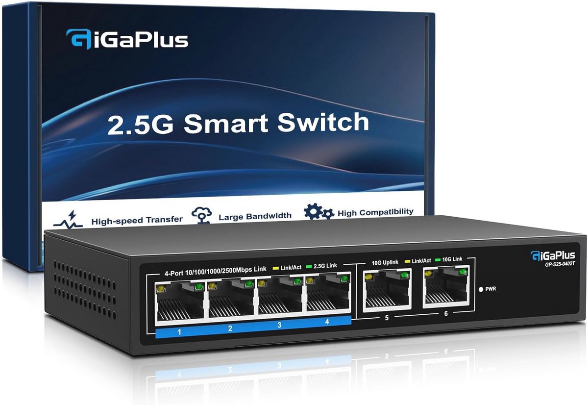 6-poorts 10Gb Ethernet Switch met 4x2.5G en 2x10G poorten