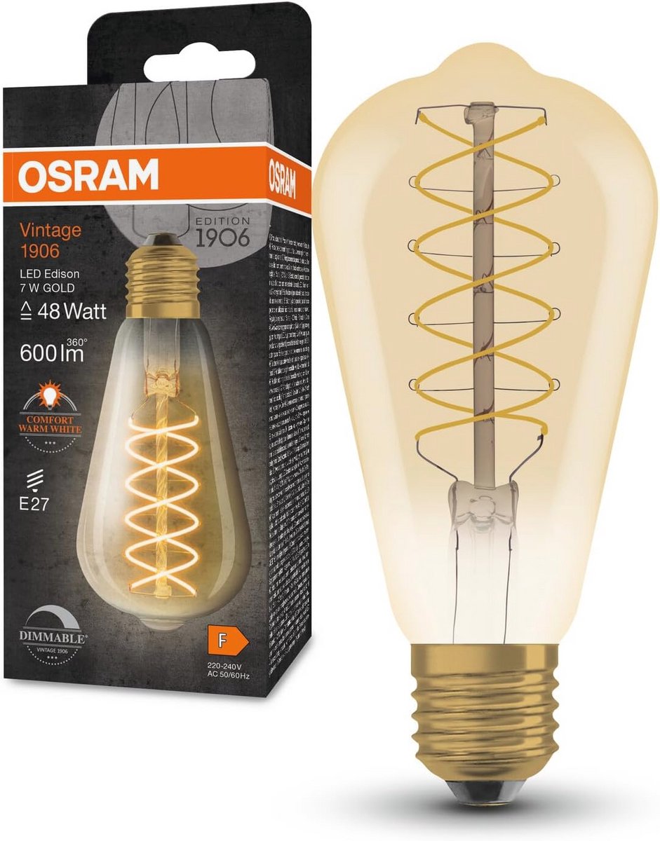 Vintage LED Lamp 7W met Edisonvorm en Dimbaar Warm Wit Licht - 600lm - Spiralen Filament