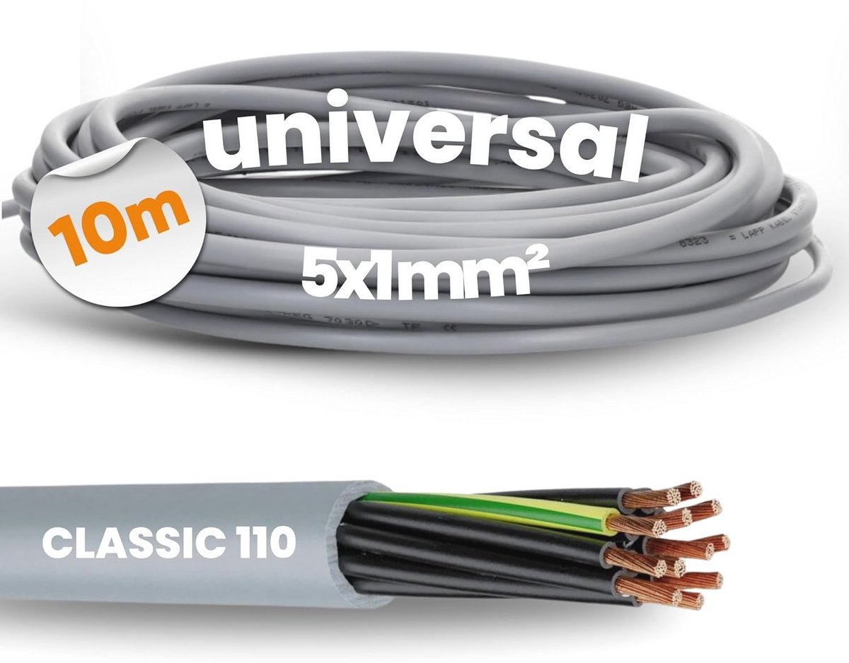 10 meter PVC stuurleiding 5x1 mm² met groen-gele beschermgeleider