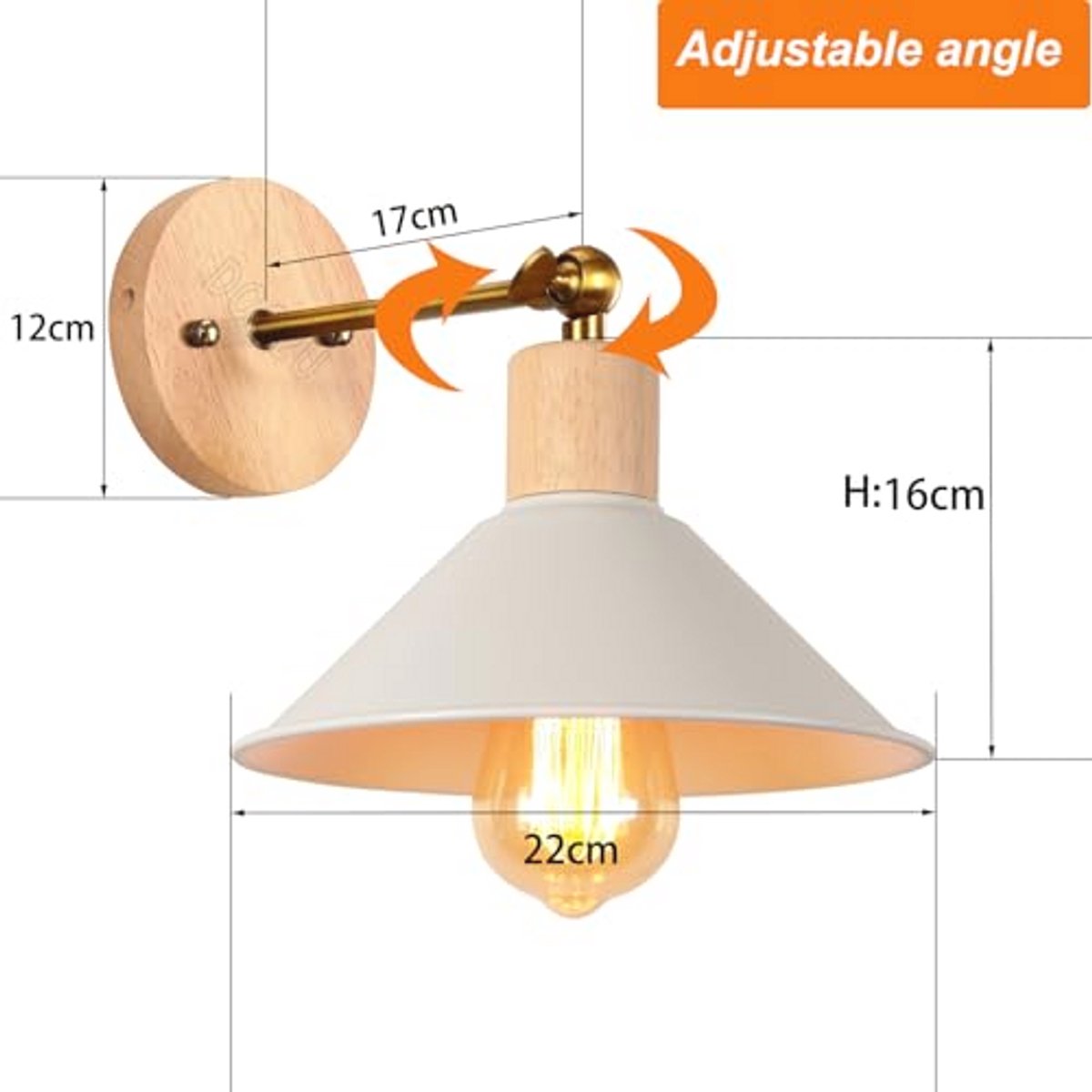 Moderne wandlampen voor binnen - Verstelbare industriële wandlampen van metaal met E27 fitting - 22 cm diameter للجاردن (wit, met hout)