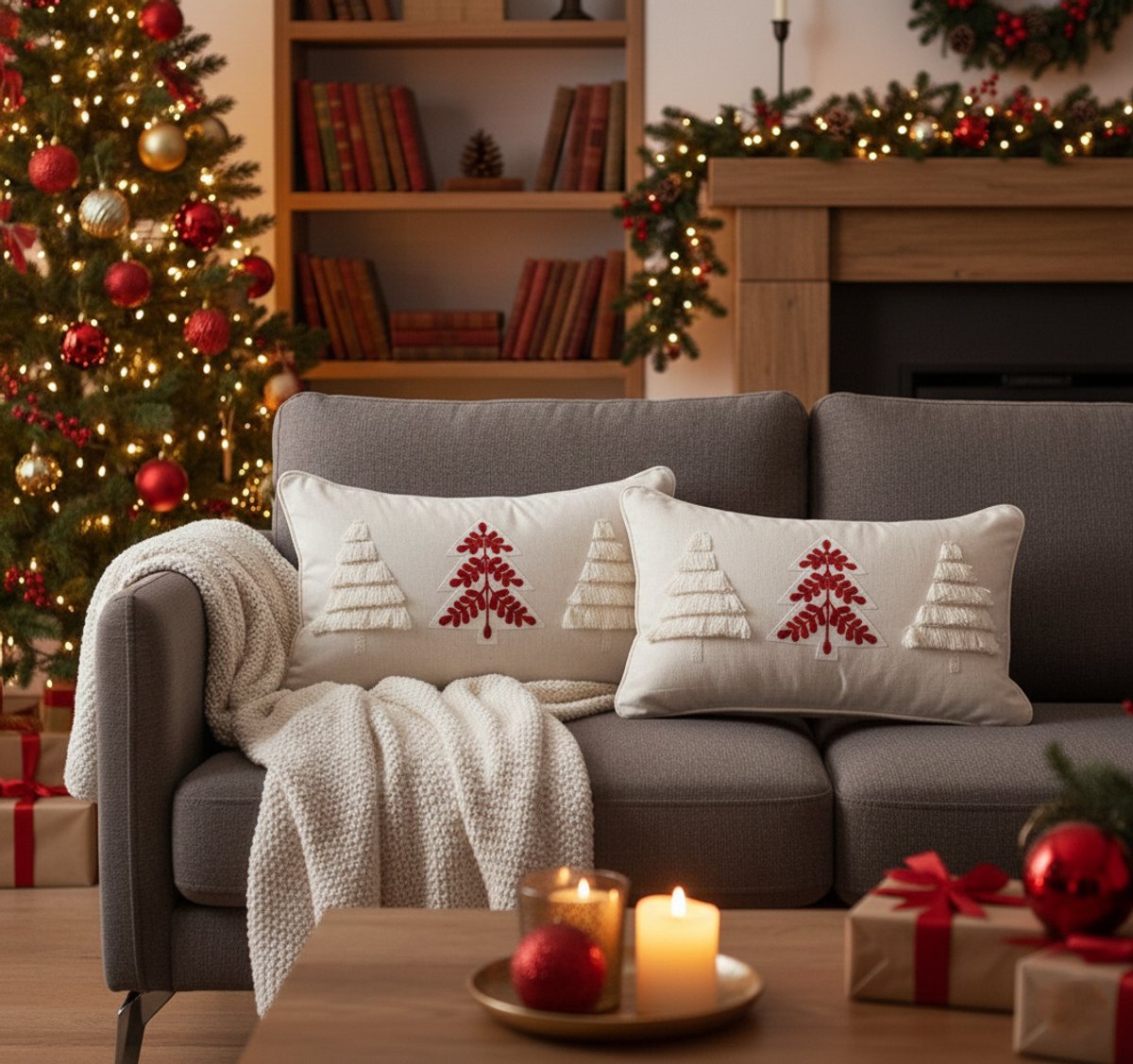 Kerstkussen Set van 2 Kussenhoezen Geborduurd met Bies en Bomenmotief - Rechthoekige Kussenhoesjes voor Kerst - Kerstkussens Scandinavisch Design - 30x50 cm - Katoen/Linnen Kussenhoes - Rood/Wit - Zonder Binnenkussen
