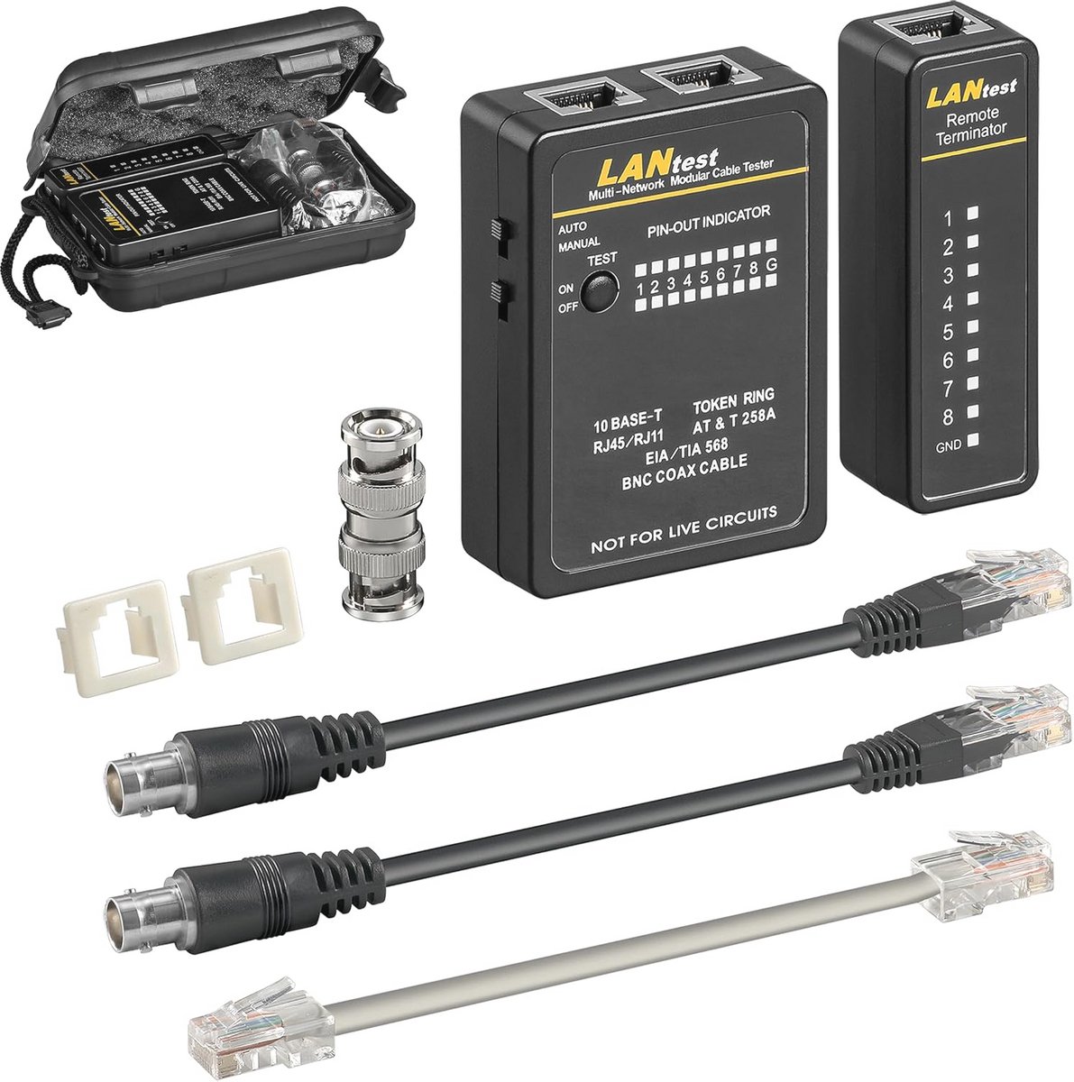 Netwerktester voor LAN, RJ45, RJ11, RJ12, CAT5, CAT6, BNC - Kabeltester met LED-indicatoren