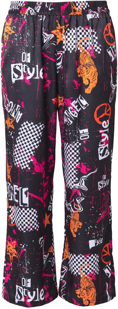 Angel of Style - Dames - Broek wijde pijpen satijn motiefmix - Hibiscusrood - Maat 44